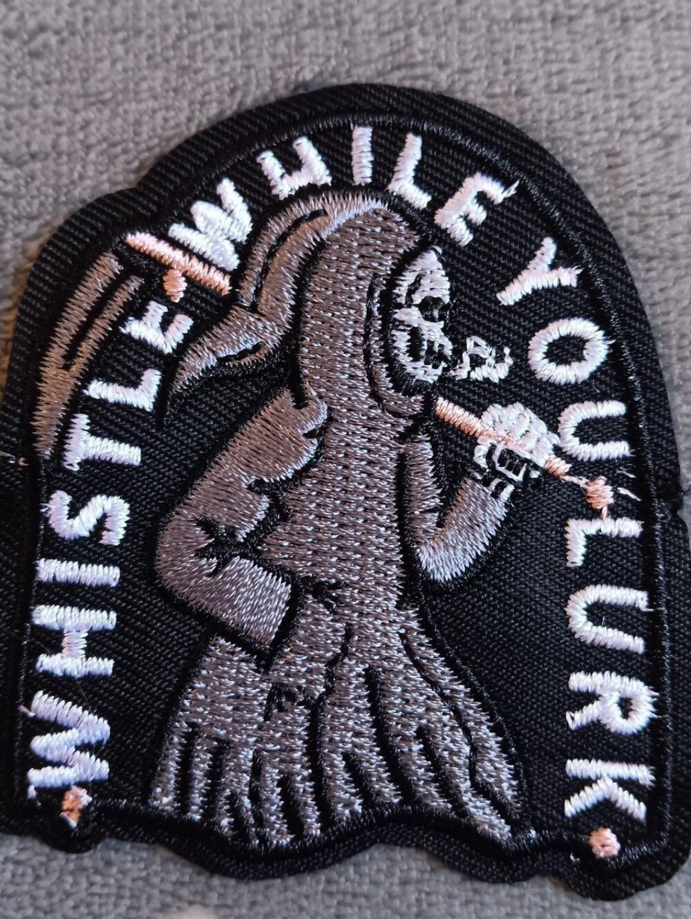Whistle While You Lurk Grim Reaper Iron On Embroidered Patch, Goth Punk Grunge